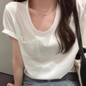 201512025 new 100% cotton, pure cotton, bamboo knot cotton pocket short sleeved T-shirt for women, loose oversized