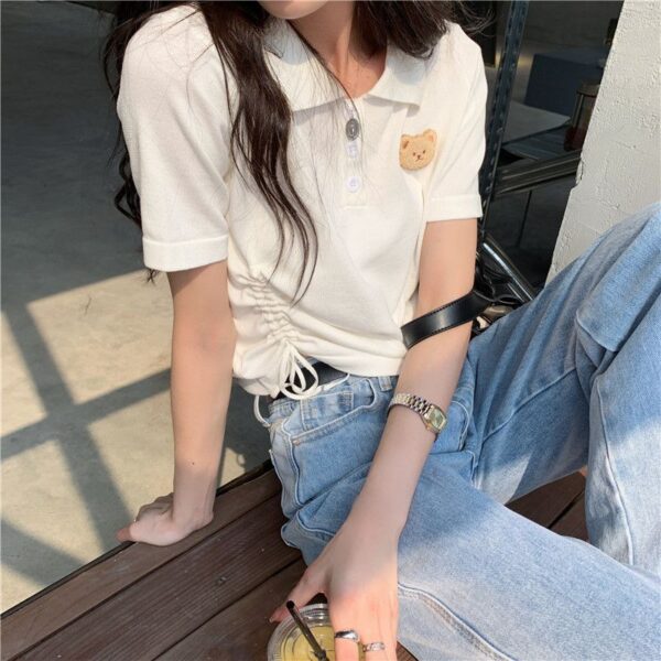 5332602025 Korean Bear Short sleeved T-shirt Women's New Summer Design Sense Short Drawstring Polo Collar