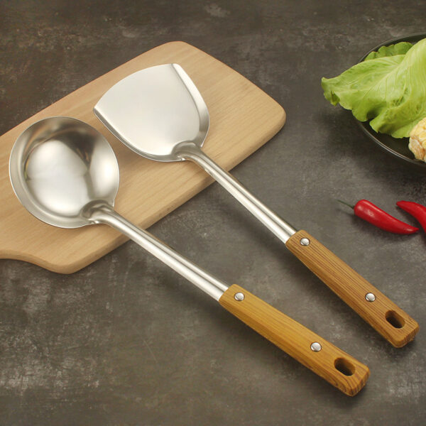 Creative stainless steel pan shovel with imitation wood grain handle, pan shovel, Congee spoon, kitchen cooking appliance, shovel spoon set, gift