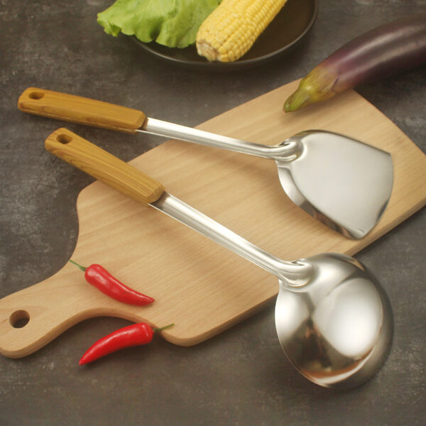 Creative stainless steel pan shovel with imitation wood grain handle, pan shovel, Congee spoon, kitchen cooking appliance, shovel spoon set, gift
