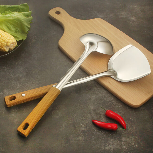 Creative stainless steel pan shovel with imitation wood grain handle, pan shovel, Congee spoon, kitchen cooking appliance, shovel spoon set, gift