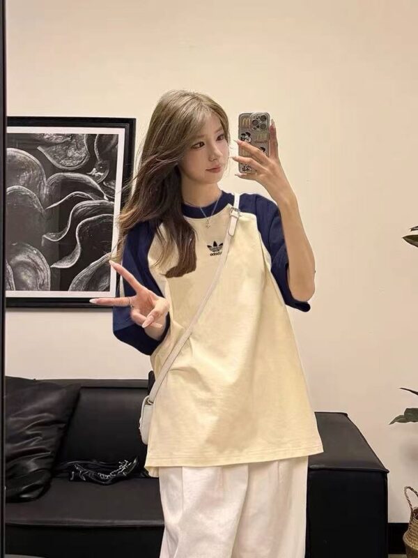 Adidas Three Leaf Clover Summer Ah New Color Match Versatile Shoulder Down Cotton Short sleeved T-shirt