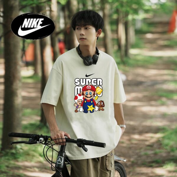 Nike Summer Couple SUPER Mario Round Neck Off Shoulder Sleeve Short Sleeve T-shirt for Men and Women