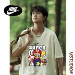 Nike Summer Couple SUPER Mario Round Neck Off Shoulder Sleeve Short Sleeve T-shirt for Men and Women