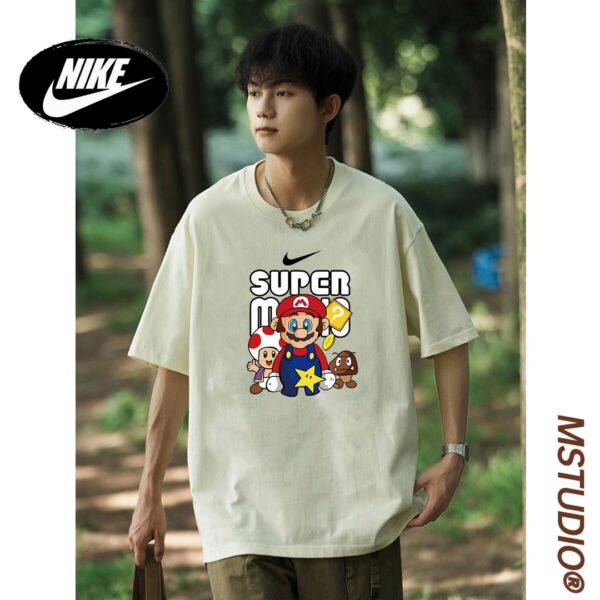 Nike Summer Couple SUPER Mario Round Neck Off Shoulder Sleeve Short Sleeve T-shirt for Men and Women