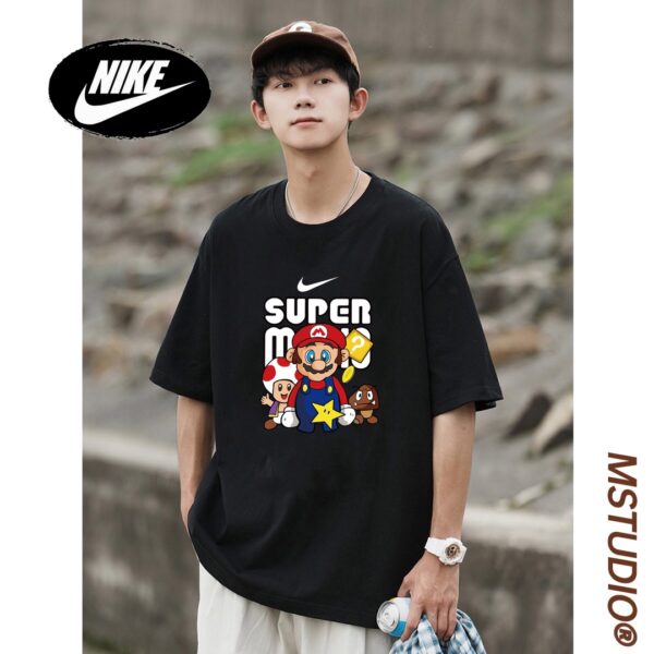 Nike Summer Couple SUPER Mario Round Neck Off Shoulder Sleeve Short Sleeve T-shirt for Men and Women