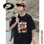 Nike Summer Couple SUPER Mario Round Neck Off Shoulder Sleeve Short Sleeve T-shirt for Men and Women