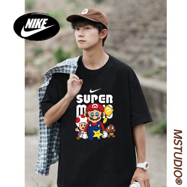 Nike Summer Couple SUPER Mario Round Neck Off Shoulder Sleeve Short Sleeve T-shirt for Men and Women