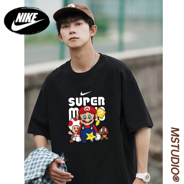 Nike Summer Couple SUPER Mario Round Neck Off Shoulder Sleeve Short Sleeve T-shirt for Men and Women
